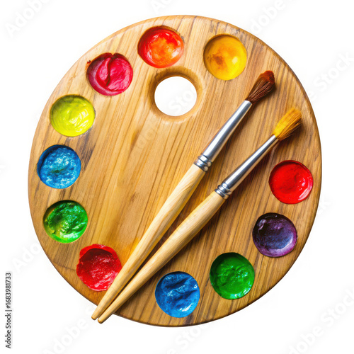 Wooden artist palette filled with vibrant multicolored paints and two brushes ready for creative expression transparent background