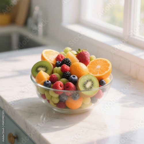 Fresh and Healthy Fruit Salad Bowl on a Kitchen Counter.

