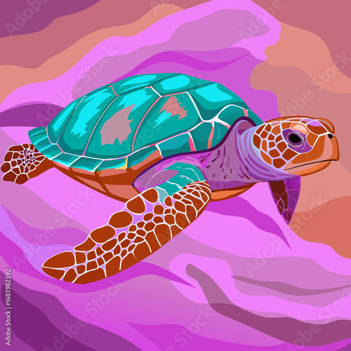 Colorful turtle swimming in a vibrant underwater environment