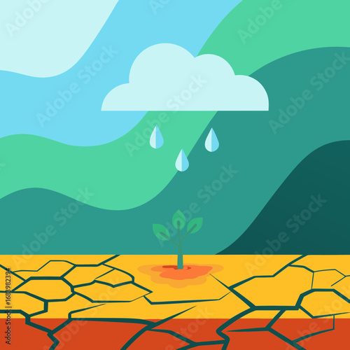 Rain falls on a budding plant in a cracked landscape during drought