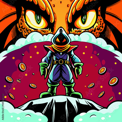 Vibrant character standing on a rock with eyes in the background