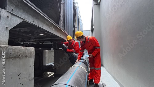 Workers inspect pipes in an industrial facility, Two workers in orange overalls inspect machinery and pipes in an industrial area.
