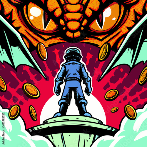 Space explorer faces dragon while standing on a platform