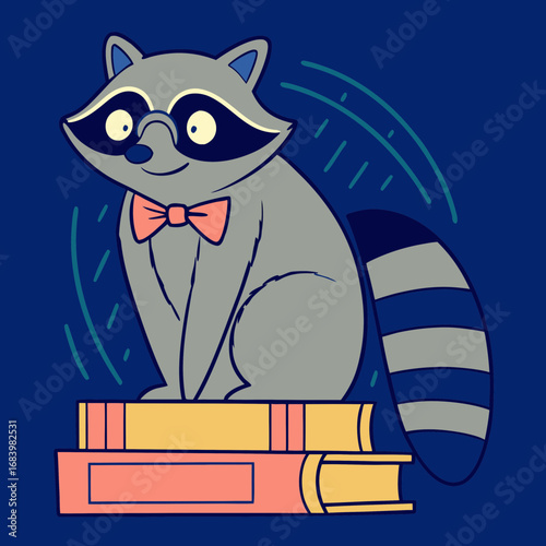 Raccoon wearing a bow tie sitting on stacked books