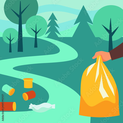 Cleaning up waste along a forested path on a sunny day