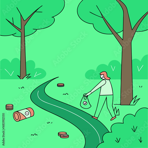 Person cleans up litter along a nature trail in a green park setting