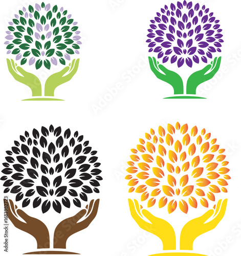 Nurturing Growth: A vibrant illustration depicts nurturing hands cradling a lush tree, symbolizing care, protection, and the environment.