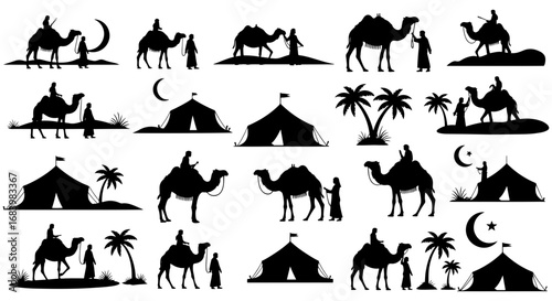 Vector art of collection of silhouette illustrations of camels and bedouin tents in the desert under the moon and stars