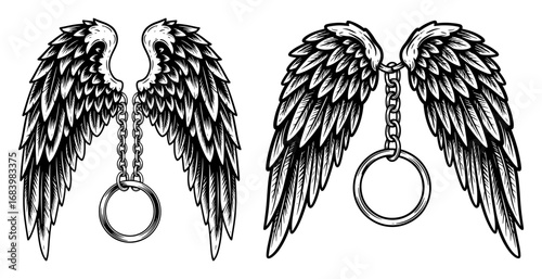 Vector art of detailed black and white sketch of feathered angel wings with a metal chain and ring