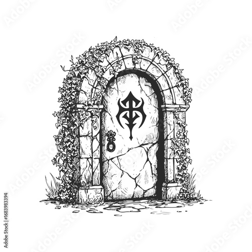 Ancient stone doorway with ivy and mysterious symbol