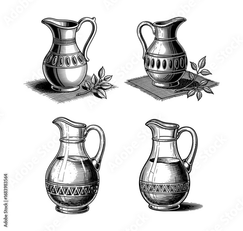 Vector art of collection of four vintage etched pitchers with handles and decorative elements