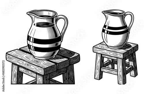 Vector art of two vintage pitchers, one filled with liquid and banded, placed on a wooden stool