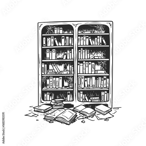 Illustrated antique bookshelf with old books and cluttered floor