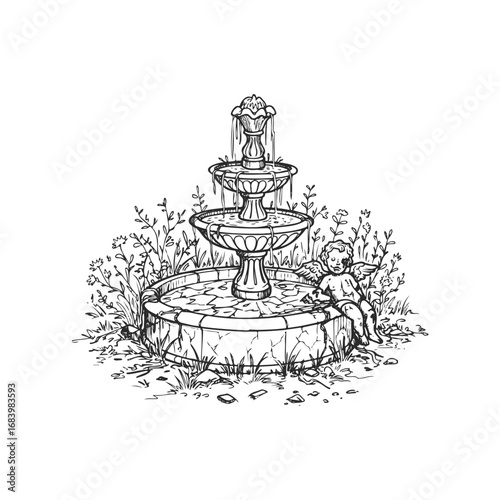 Vintage garden fountain with cherub statue and floral surroundings