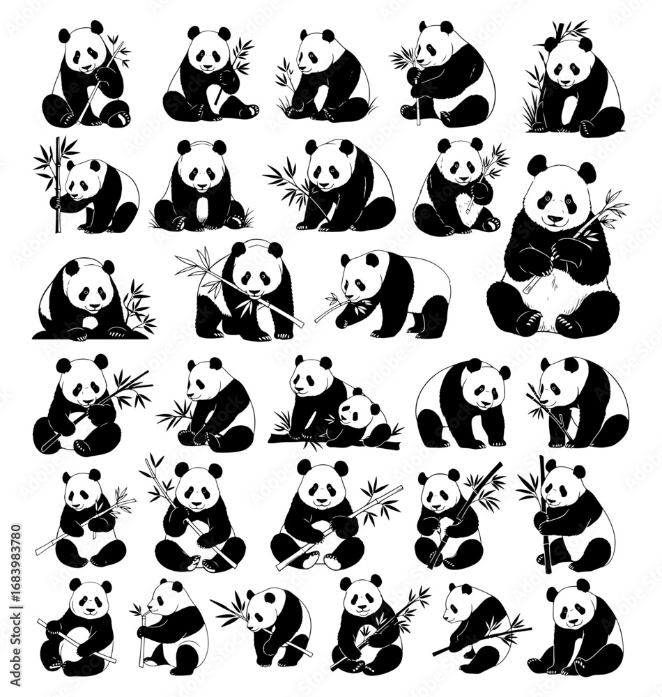 Obraz premium Vector art of collection of black and white illustrations of pandas in various poses and activities