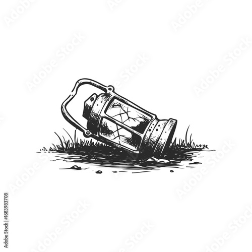 Vintage lantern with cracked glass lying on ground in black and white illustration