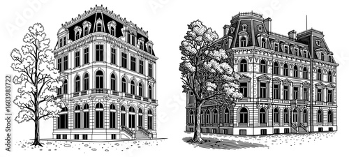 Vector art of two detailed black and white architectural drawings of ornate historic buildings with trees in front of them