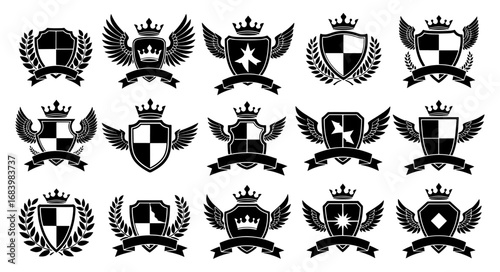Vector art of collection of heraldic crests and shields with crowns and wings