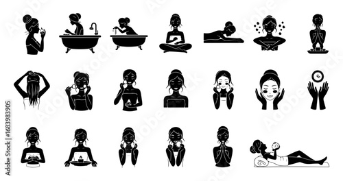 Vector art of set of black and white silhouette icons illustrating diverse personal care and wellness activities
