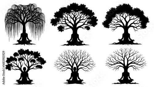 Vector art of silhouettes of trees in meditation pose, representing growth, nature, and mindfulness