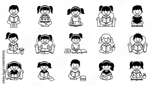 Vector art of set of cartoon children reading books in various poses