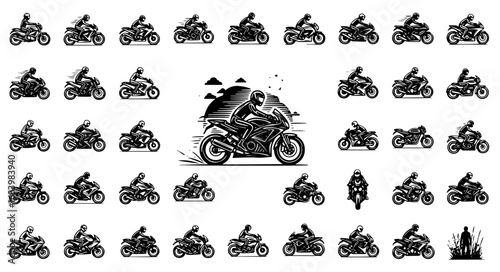 Vector art of collection of motorcycle riders and sport bikes