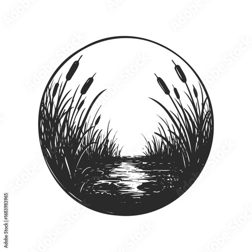 Black and white landscape of pond with reeds in circular design