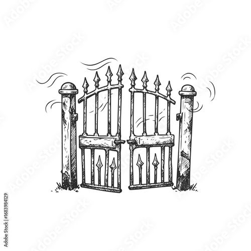 Vintage black and white illustration of an ornate iron gate with stone pillars