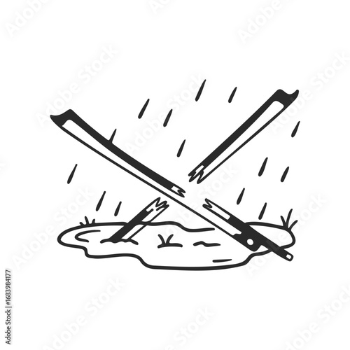 Rainy scene with broken pencils and mud puddle illustration