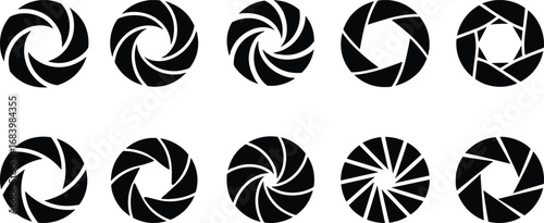 Aperture icons, camera symbol, black and white, vector illustration, shutter element, photography graphic, circular design, lens diaphragm, optical style