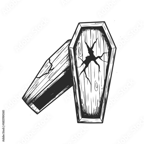 Vintage wooden coffin drawing with cracked lid