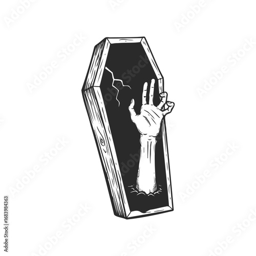 Grave coffin with zombie hand illustration on white background