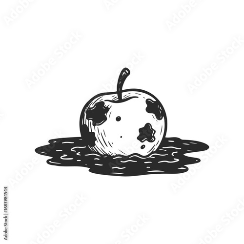 Black and white illustration of a rotting apple in ink style on white background