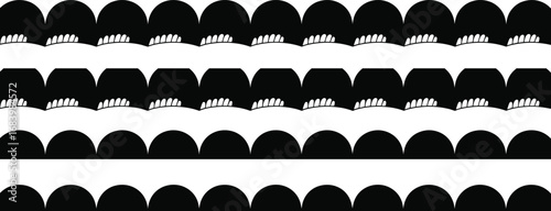 Scalloped patterns, decorative elements, black and white, vector illustration, repetitive border, half-circle motif, ornamental design, seamless texture, graphic style