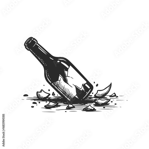 Broken glass bottle sketch with shattered pieces on white background