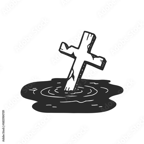 Wooden cross partially submerged in water drawing