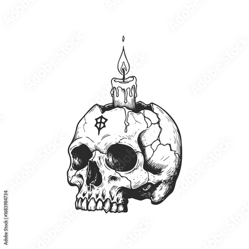 Intricate skull with melting candle and symbol art