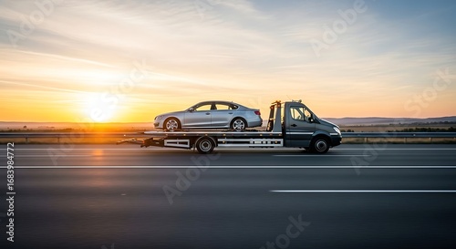 A silver sedan is being transported on a flatbed tow truck on a rural highway at sunset, symbolizing a long journey or travel.