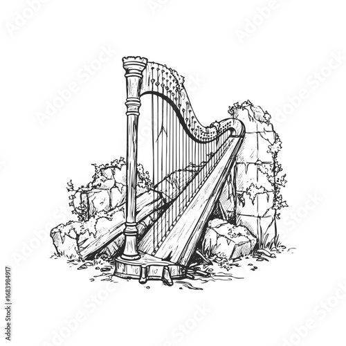 Illustration of an ancient stone ruin shaped like a harp overgrown with ivy