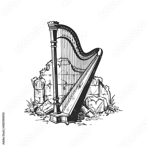 Antique harp sketch amidst ruins: detailed vintage music illustration