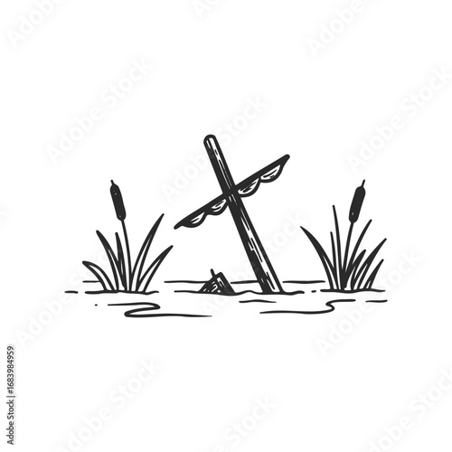 Simple doodle of wooden cross in marsh with cattails