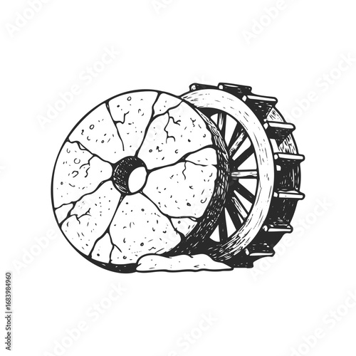 Vintage millstone and gear illustration - detailed black and white drawing