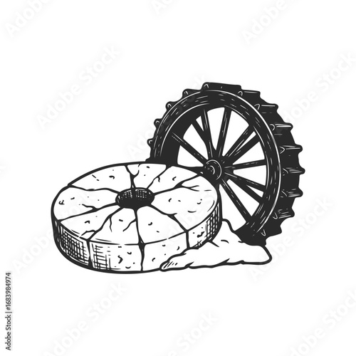 Rustic old mill wheel illustration with stone and wooden elements