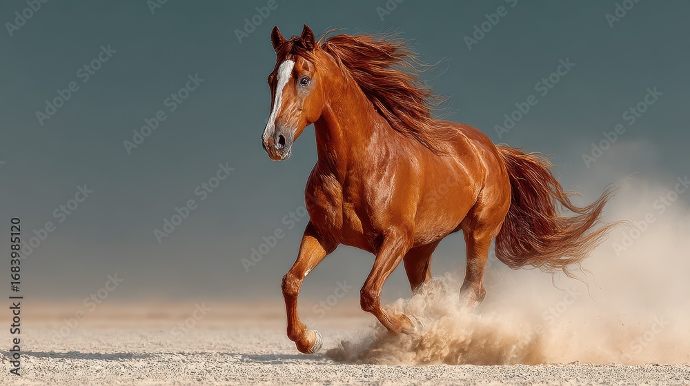 Fototapeta premium Majestic chestnut horse gallops through sandy landscape under cloudy sky during golden hour