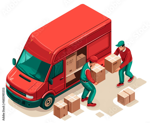 illustration of two men loading boxes into the back of a red delivery truck, with a transparent background. 