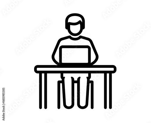 minimalist icon of a person sitting at a desk with a laptop, on a white background, with black line art. 