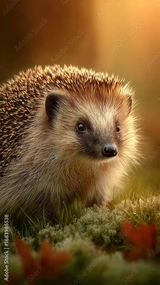 Fototapeta premium Hedgehog foraging in a sunlit meadow during golden hour surrounded by autumn foliage