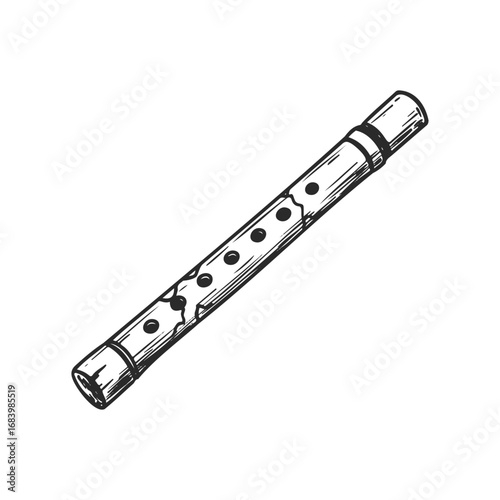 Sketch of a traditional wooden recorder wind instrument with six finger holes