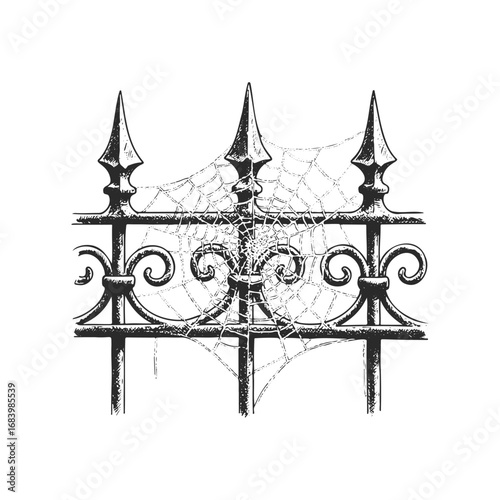 Intricate spider web on ornate iron gate with sharp spires