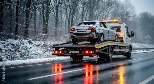 A wrecked car is being transported on a flatbed tow truck during a winter snowstorm, showcasing the aftermath of a snowy accident.